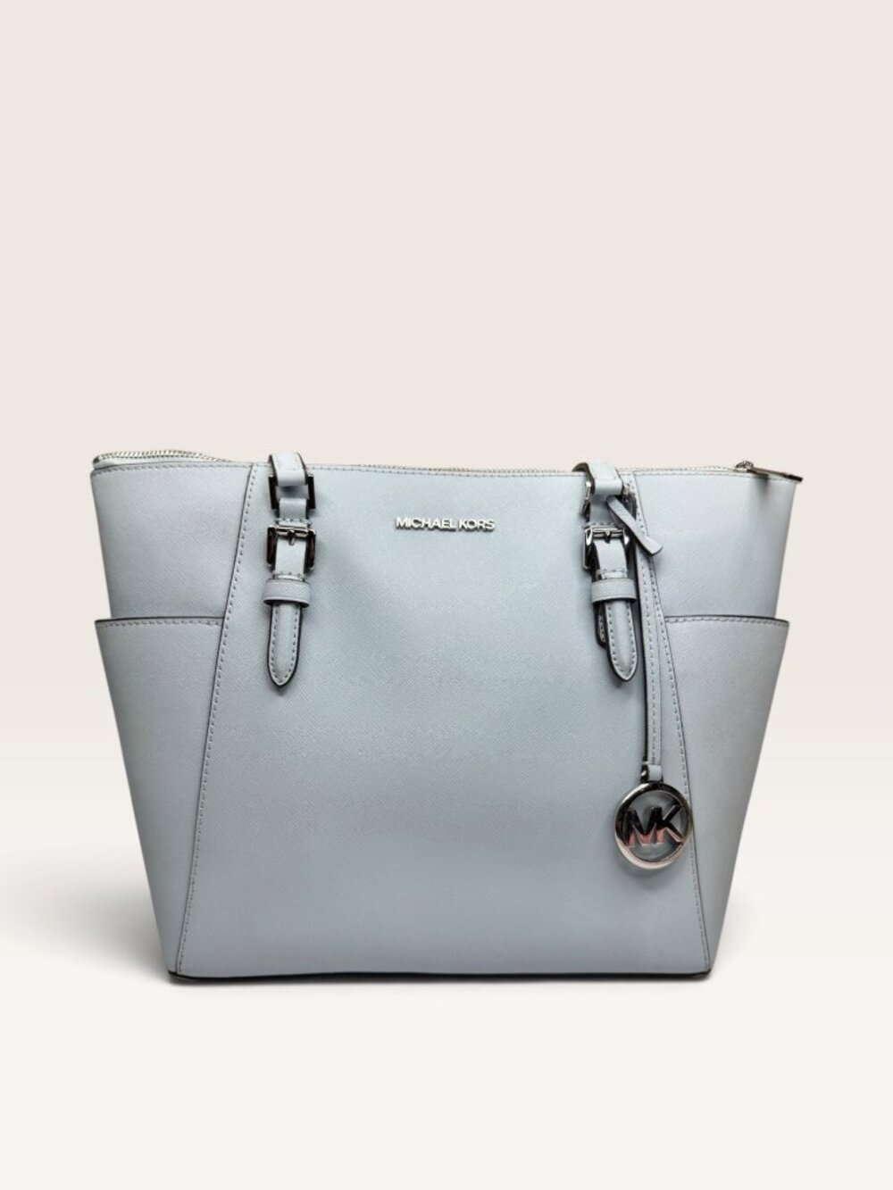 Michael Kors Charlotte Large Saffiano Leather Top Zip Tote Shoulder Bag Pale Blu